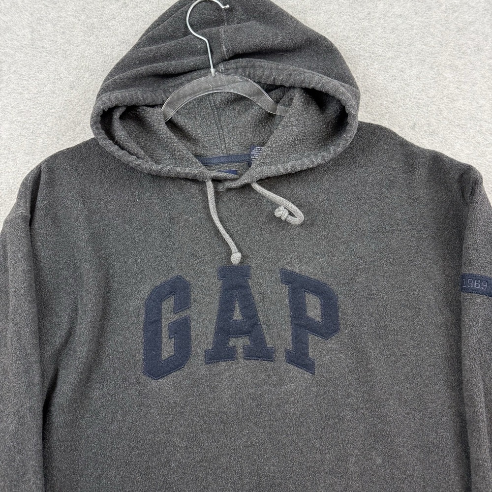 Vintage GAP Hoodie Mens XL Gray Blue Pullover Fleece Sweatshirt Spellout 90s Y2K
